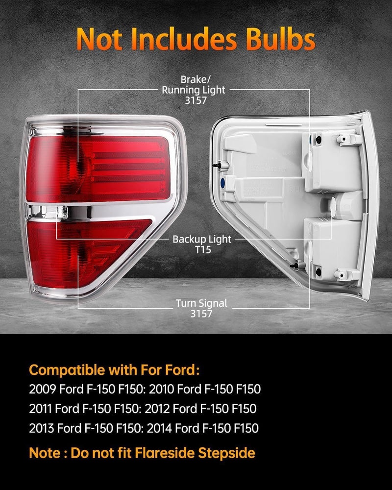 OKLPF Rear Brake Tail Lights Compatible With 2009 2010 2011 2012 2013 2014 Ford F150 F-150,Replace Silver Taillights Assembly Red Chrome Tail Lights,Not Included Bulbs,Left Driver Side - Image 2